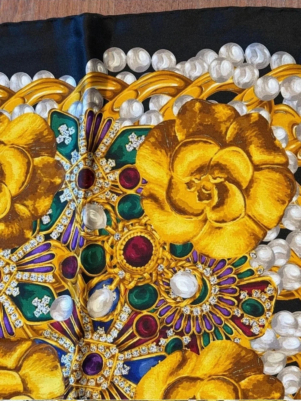 CHANEL Black Silk Scarf with Gold Floral and Multicolor Gripoix Jewel Motif